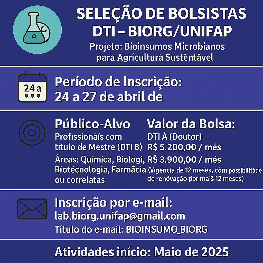Você está visualizando atualmente 🧪 SELEÇÃO DE BOLSISTAS DTI – BIORG/UNIFAP