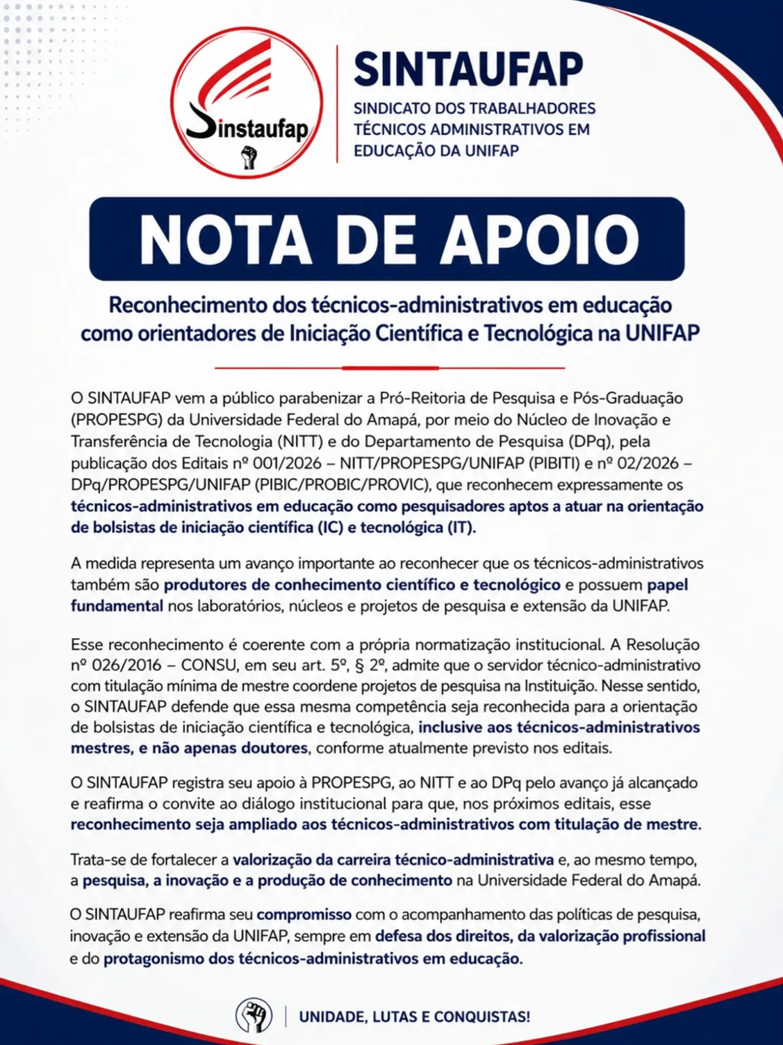 No momento, você está visualizando Nota de Apoio – Sindicato dos Técnicos Administrativos da UNIFAP