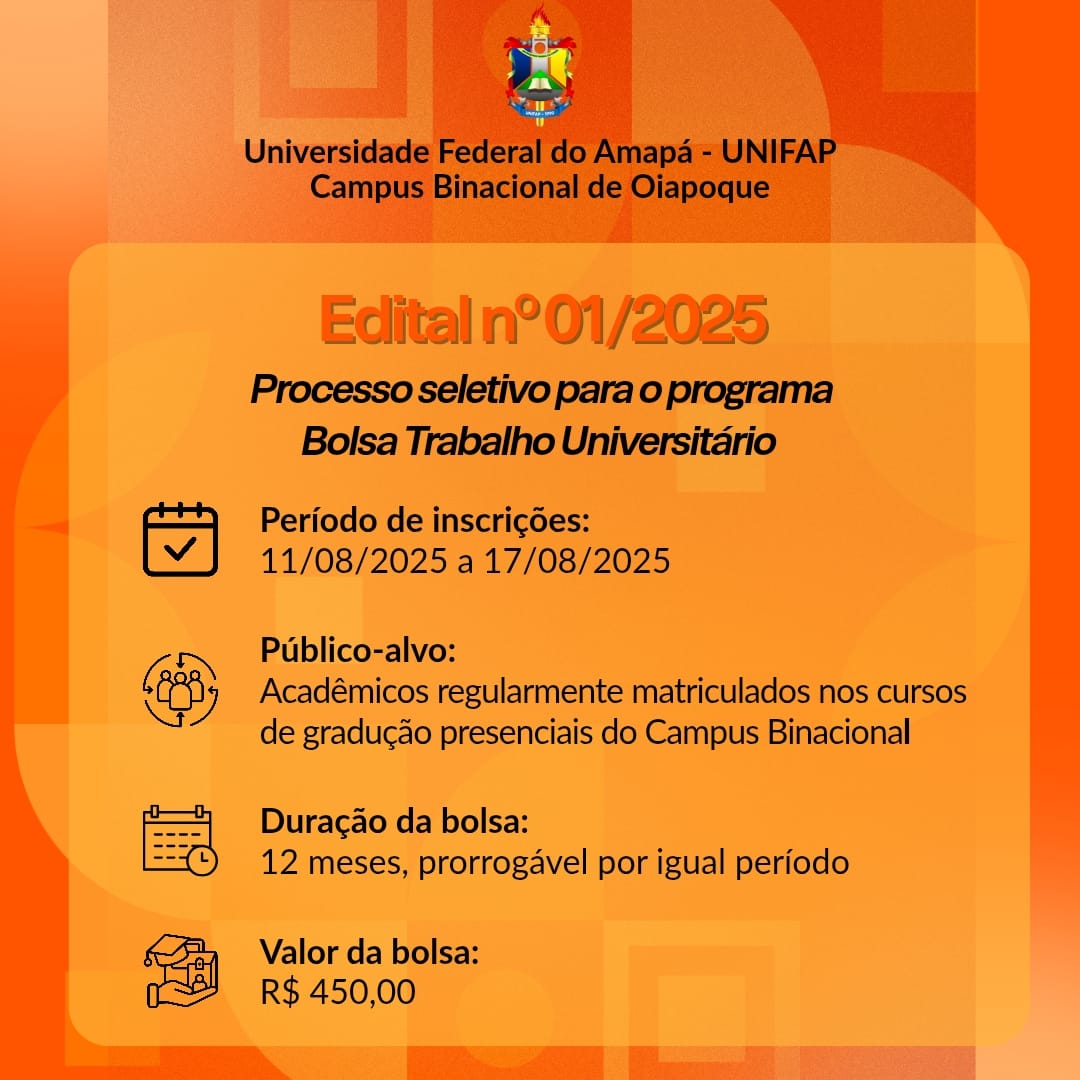 No momento, você está visualizando PROCESSO SELETIVO PARA O PROGRAMA BOLSA TRABALHO UNIVERSITÁRIO (EDITAL 01/2025/COGEP/DIRG/PROGEP/UNIFAP)