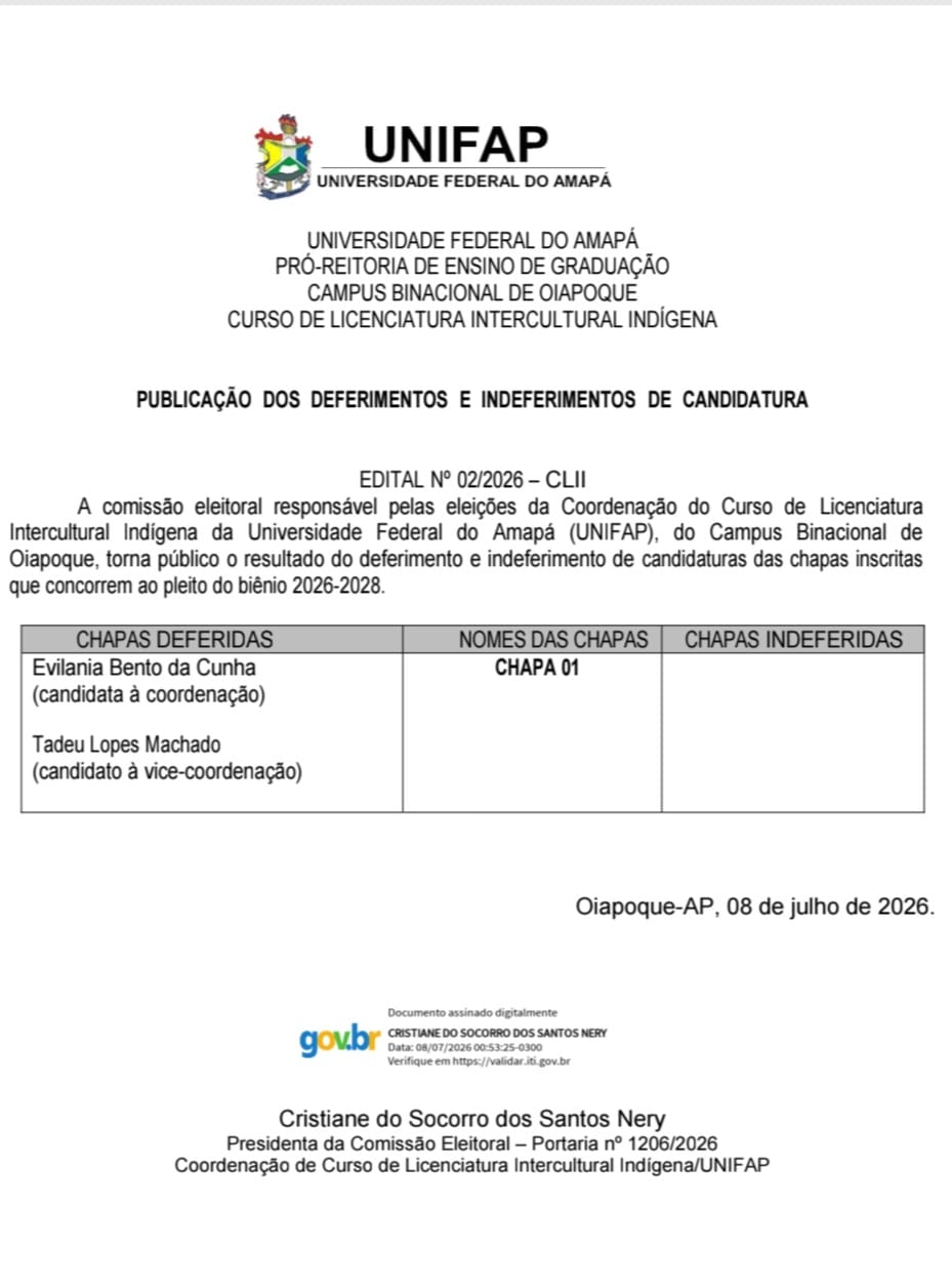 No momento, você está visualizando Eleições da Coordenação do Curso de Licenciatura Intercultural Indígena da Universidade Federal do Amapá (UNIFAP), do Campus Binacional de Oiapoque