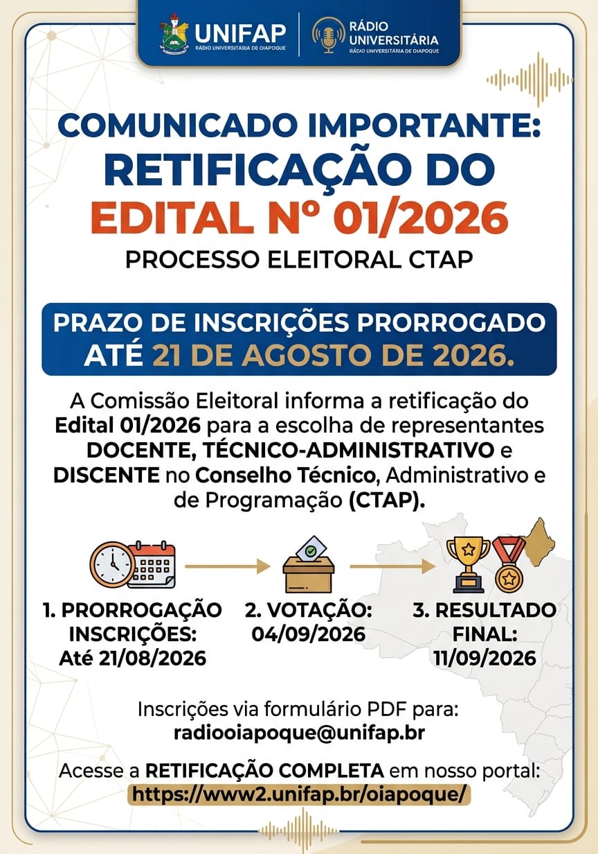 No momento, você está visualizando Aviso: Prorrogadas as inscrições para a escolha dos representantes do CTAP da Rádio Universitária de Oiapoque