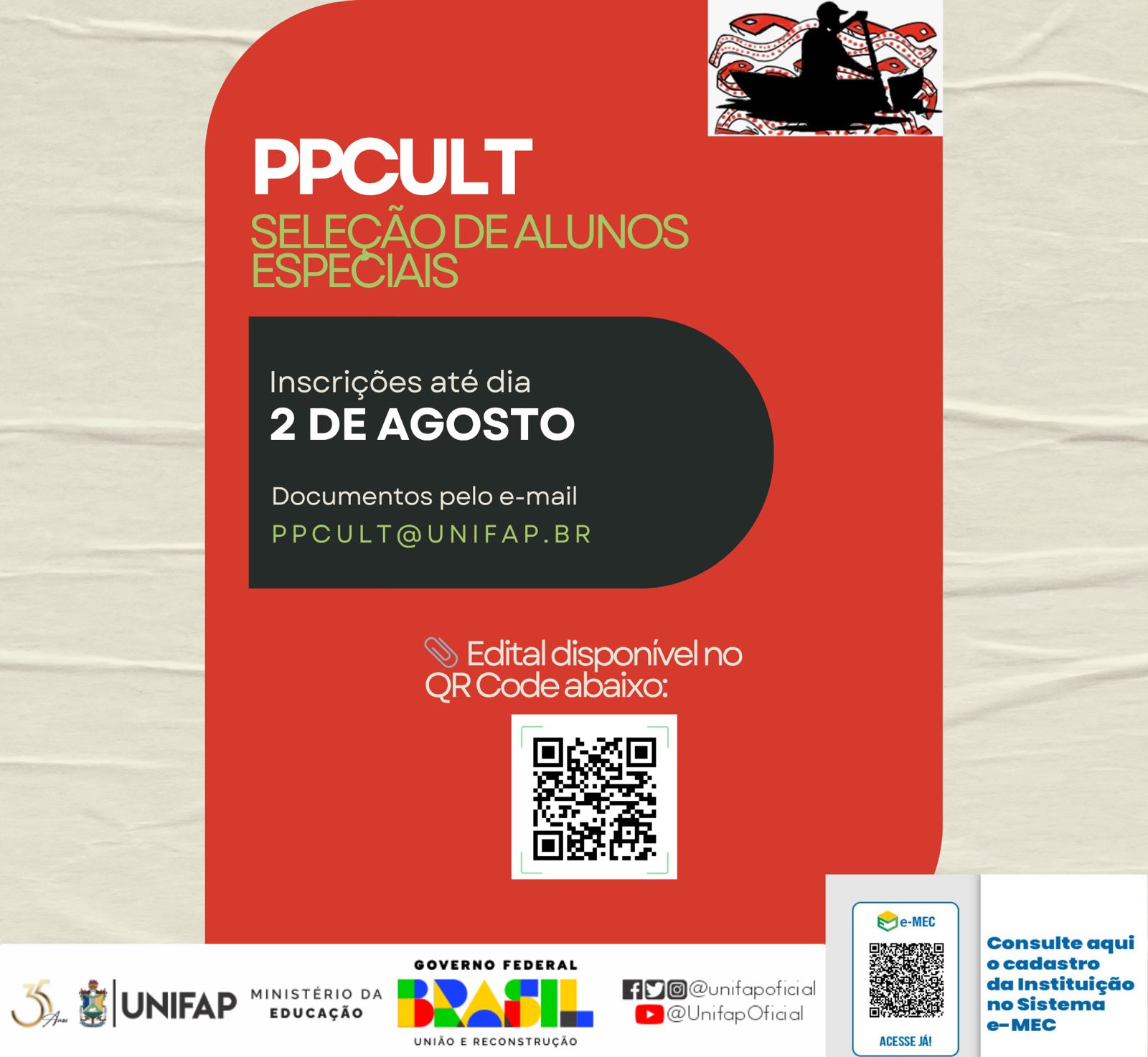 Leia mais sobre o artigo Chamada N° 001/2025 PPCULT/UNIFAP – Aluno Especial