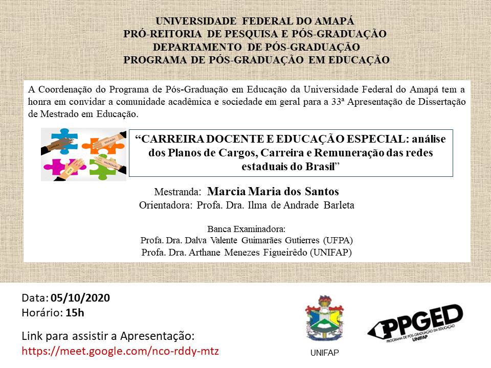 Read more about the article 05/10/2020 | APRESENTAÇÃO DE DISSERTAÇÃO – MARCIA MARIA DOS SANTOS