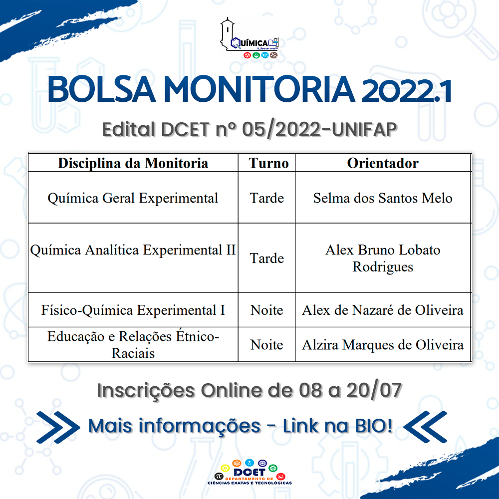 Leia mais sobre o artigo BOLSA MONITORA 2022.1 – EDITAL DCET Nº 05/2022 – UNIFAP
