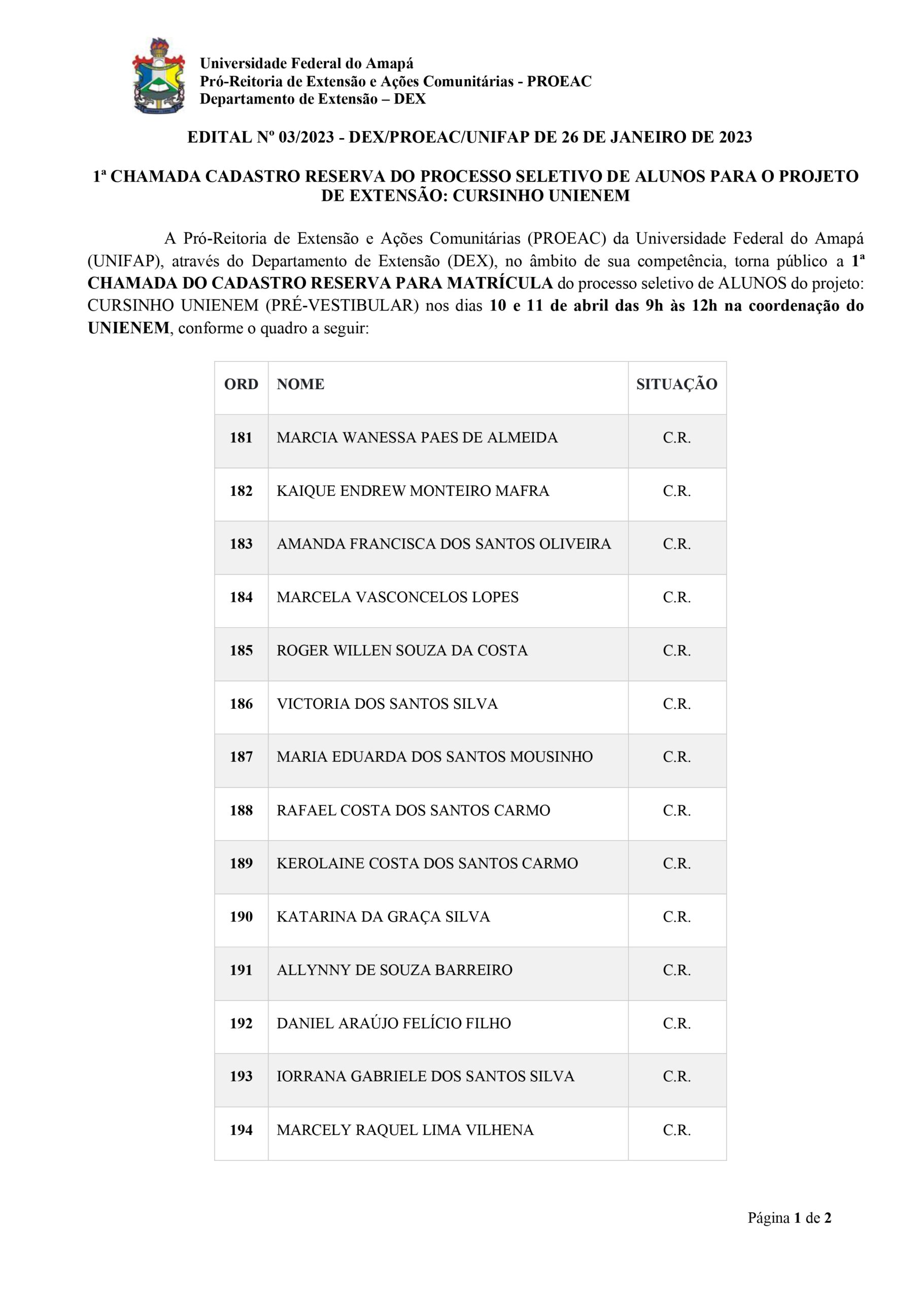 Leia mais sobre o artigo PUBLICAÇÃO – 1ª CHAMADA – MATRÍCULA – CADASTRO RESERVA